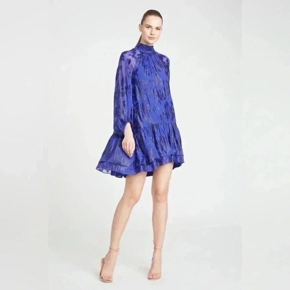 NWT Monique Lhuillier Back Tie Trapeze Dress IN Azurite Metallic Purple Blue 2 - Picture 1 of 11